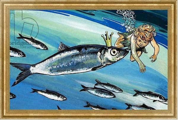 Постер Boy swimming with a fish, illustration from 'The Water Babies' by Charles Kingsley с типом исполнения На холсте в раме в багетной раме NA033.1.051