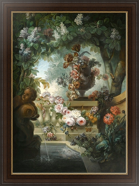 Постер A Garden Scene With An Urn Of Flowers, A Flower Garland And A Fountain Beneath A Canopy Of Wisteria с типом исполнения На холсте в раме в багетной раме 1.023.151