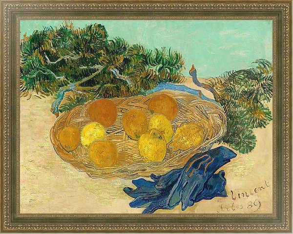 Постер Натюрморт с апельсинами, лимонами и синими перчатками с типом исполнения На холсте в раме в багетной раме 484.M48.640