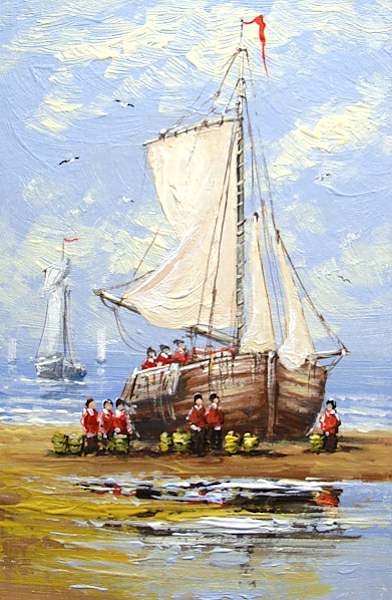 Постер Рыбаки рядом с парусником на берегу с типом исполнения На холсте без рамы