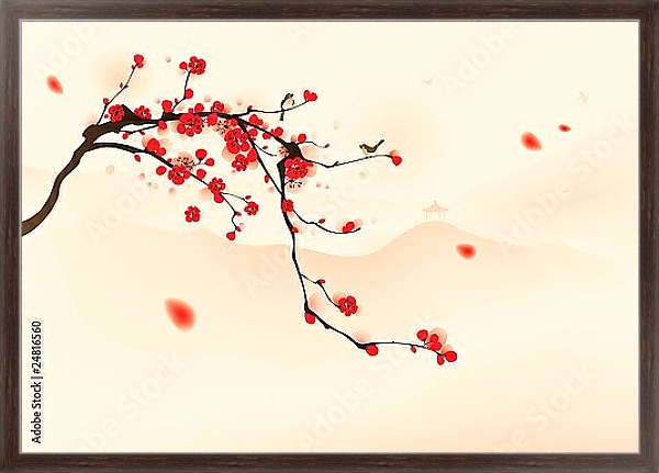 Постер Ветвь цветущей сакуры с типом исполнения На холсте в раме в багетной раме 221-02
