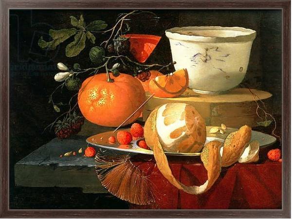 Постер Still life of an orange, a lemon and strawberry on a pewter plate, a wan-li bowl behind с типом исполнения На холсте в раме в багетной раме 221-02