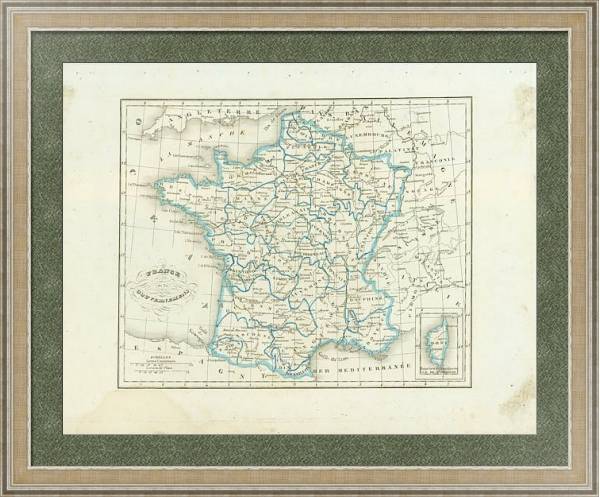 Постер Карта: Карта Франции, разбитая на департаменты с типом исполнения Акварель в раме в багетной раме 485.M40.584