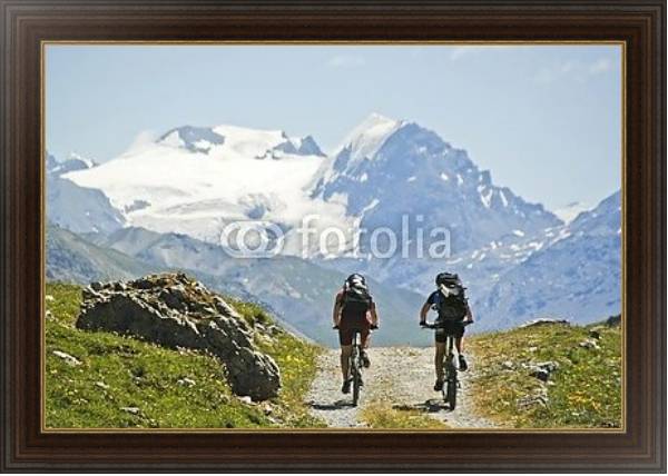 Постер Велосипедисты на фоне горы Ортлер, Италия с типом исполнения На холсте в раме в багетной раме 1.023.151