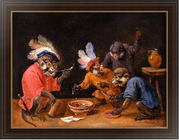 Постер Обезьяны пьющие и курящие, а также играющие в карты с типом исполнения На холсте в раме в багетной раме 1.023.151