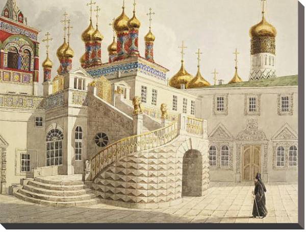 Постер Боярская площадка и храм Спас за золотой решеткой в Московском Кремле с типом исполнения На холсте без рамы