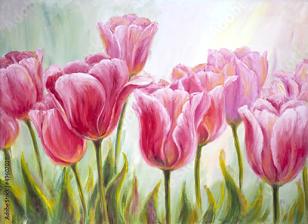 Постер Розовые тюльпаны в поле с типом исполнения На холсте без рамы