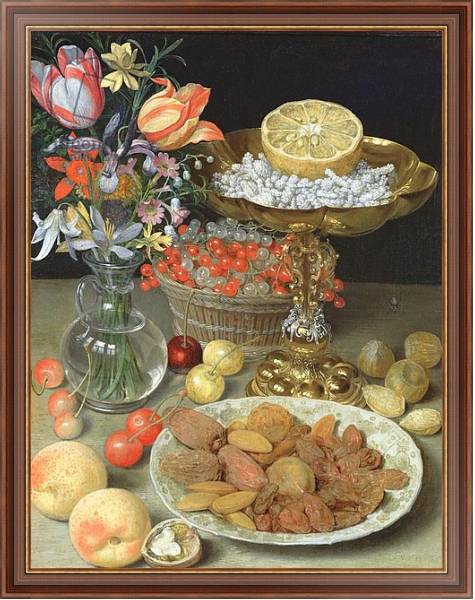 Постер Still life with flowers and dessert с типом исполнения На холсте в раме в багетной раме 35-M719P-83
