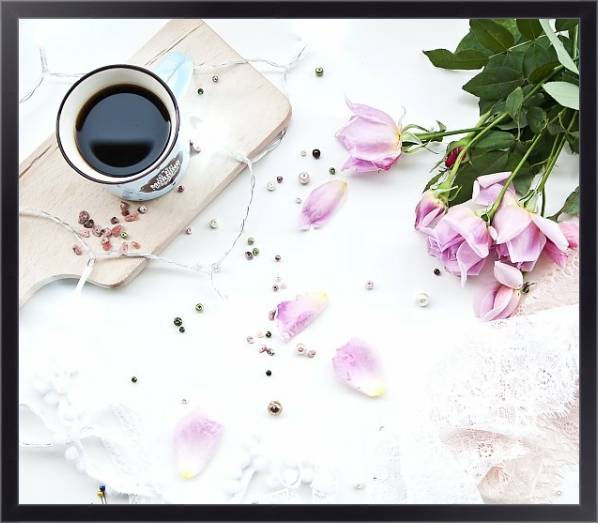 Постер Кашка кофе и букет роз с типом исполнения На холсте в раме в багетной раме 221-01