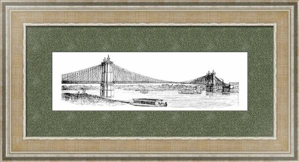 Постер John A. Roebling Suspension Bridge, from Cincinnati, Ohio to Covington, Kentucky, USA vintage engrav с типом исполнения Акварель в раме в багетной раме 485.M40.584
