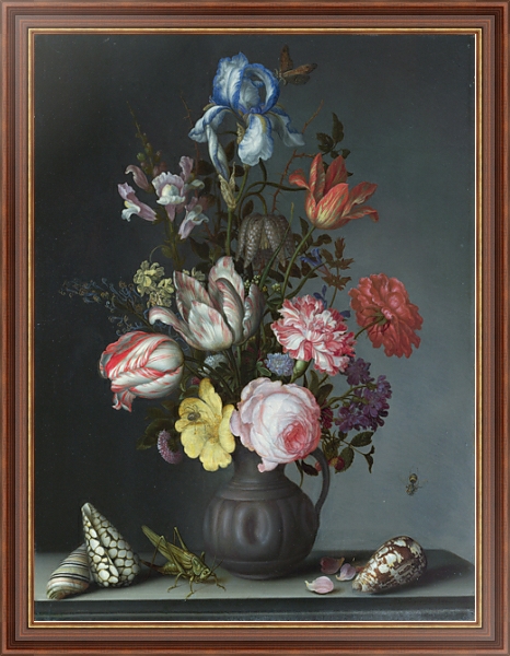 Постер Цветы в вазе с ракушками и насекомыми с типом исполнения На холсте в раме в багетной раме 35-M719P-83