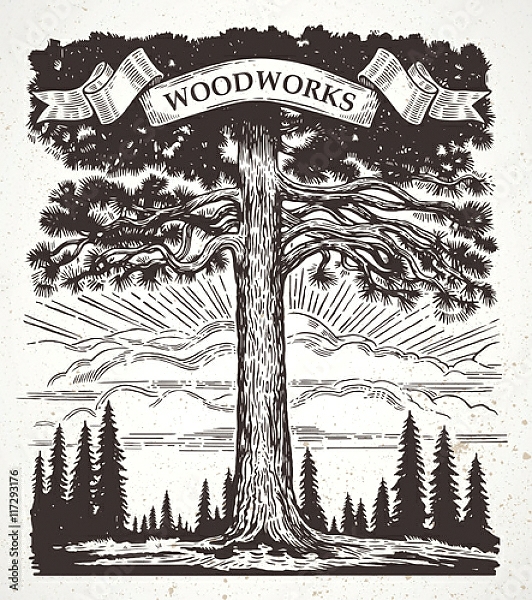 Постер Графически пейзаж с большой сосной и лентой в ветках с типом исполнения На холсте без рамы