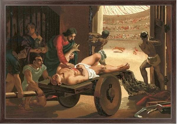 Постер Galen assisting a gladiator, wounded in the circus of Bergamo с типом исполнения На холсте в раме в багетной раме 221-02