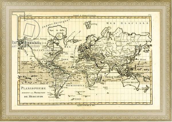 Постер Map of the World using the Mercator Projection, 1780 с типом исполнения Акварель в раме в багетной раме 484.M48.725