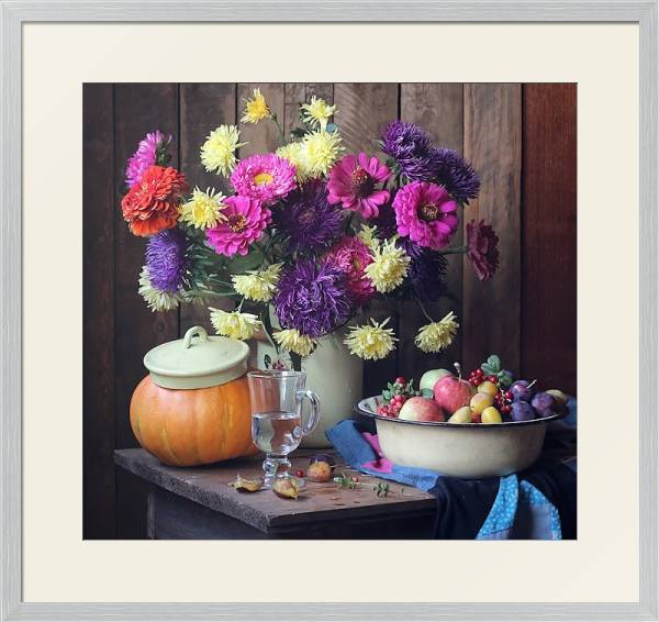 Постер Большой натюрморт с осенними цветами и плодами с типом исполнения Под стеклом в багетной раме 1727.2310