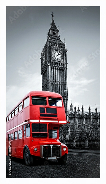 Постер Лондон, Англия. Красный автобус и Биг Бен с типом исполнения На холсте в раме в багетной раме 221-03