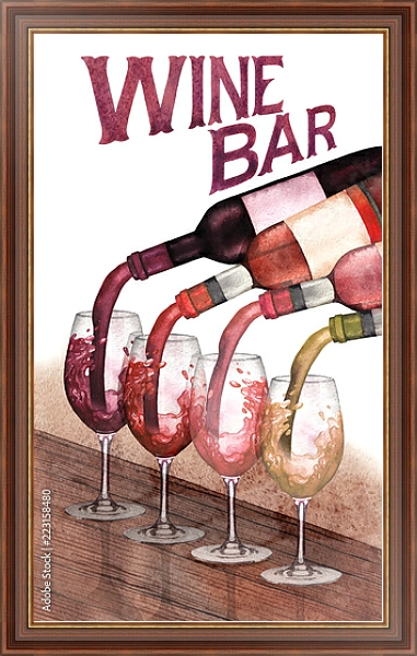 Постер Акварельные красные, белые и розовые вина, налитые из бутылок в стаканы, стоящие на деревянном столе с типом исполнения На холсте в раме в багетной раме 35-M719P-83