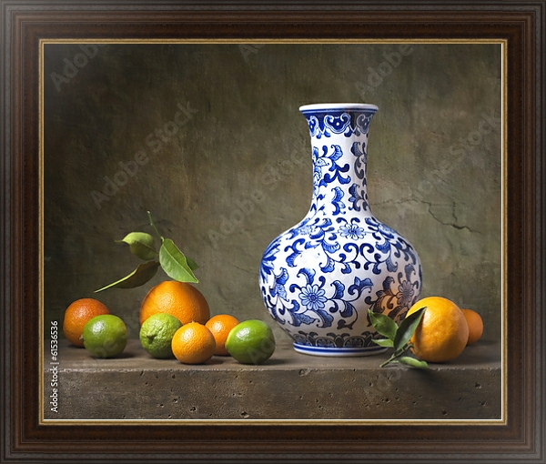 Постер Натюрморт с китайской вазой и фруктами с типом исполнения На холсте в раме в багетной раме 1.023.151