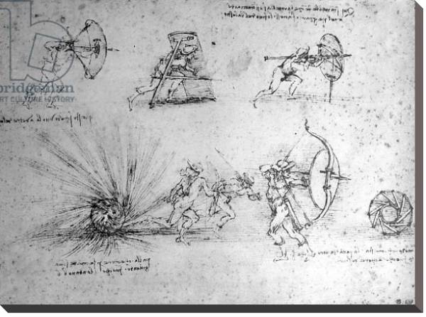 Постер Study with Shields for Foot Soldiers and an Exploding Bomb, c.1485-88 с типом исполнения На холсте без рамы