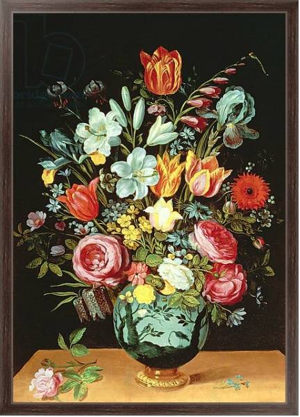 Постер A Still Life of Flowers in a Porcelain Vase Resting on a Ledge с типом исполнения На холсте в раме в багетной раме 221-02