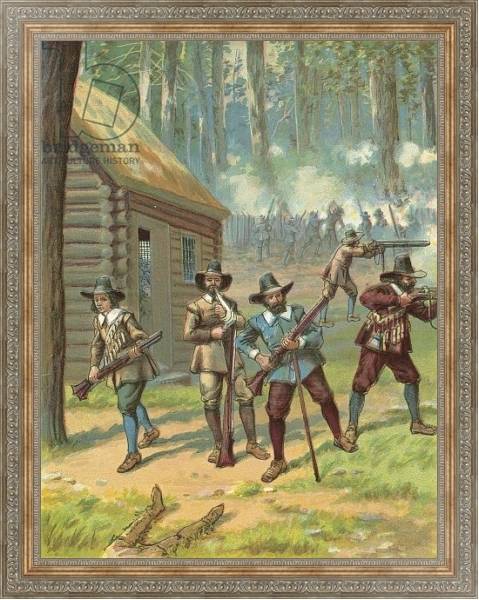 Постер The Pilgrims Fighting the Indians с типом исполнения На холсте в раме в багетной раме 484.M48.310