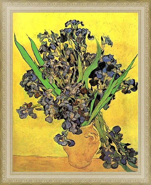 Постер Натюрморт: ваза и ирисами на желтом фоне с типом исполнения На холсте в раме в багетной раме 484.M48.725