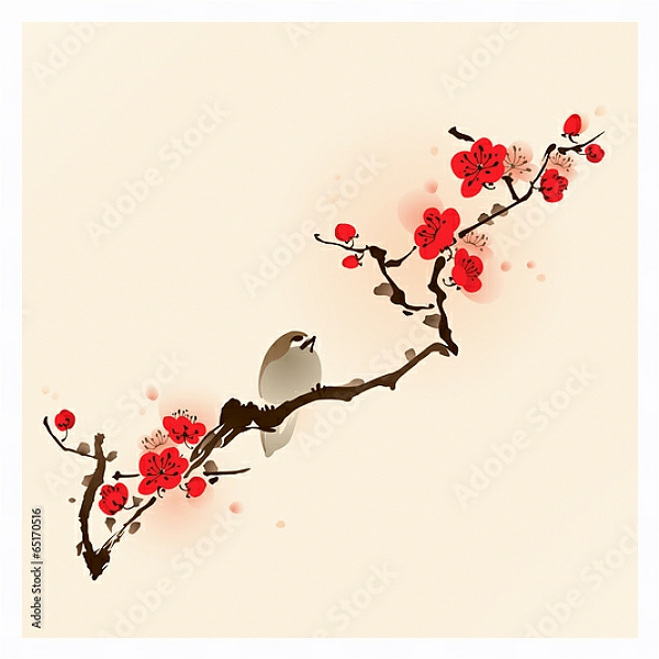 Постер Птичка и сакура в цвету с типом исполнения На холсте в раме в багетной раме 221-03