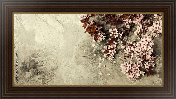 Постер Веточка цветущей вишни на сером фоне с типом исполнения На холсте в раме в багетной раме 484.M48.310