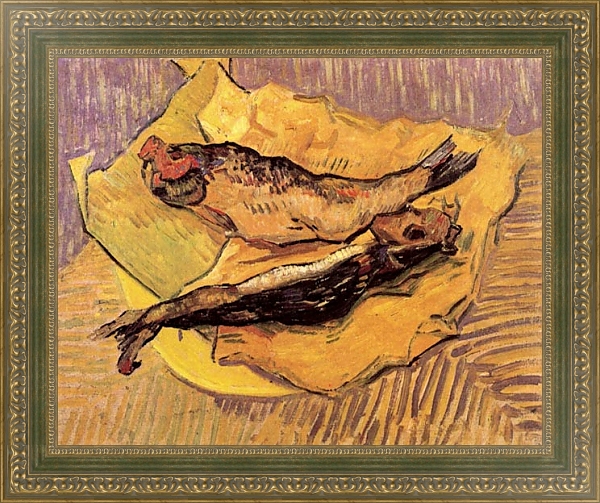 Постер Натюрморт: копченая селедка на куске желтой бумаги с типом исполнения На холсте в раме в багетной раме 484.M48.640