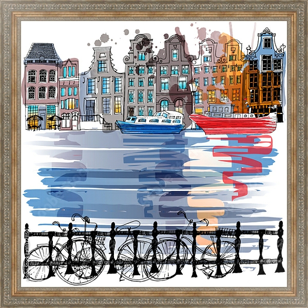 Постер Улица с каналом в Амстердаме с типом исполнения На холсте в раме в багетной раме 484.M48.310