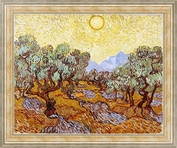 Постер Оливковые деревья с желтым небом и солнцем с типом исполнения На холсте в раме в багетной раме NA053.0.115