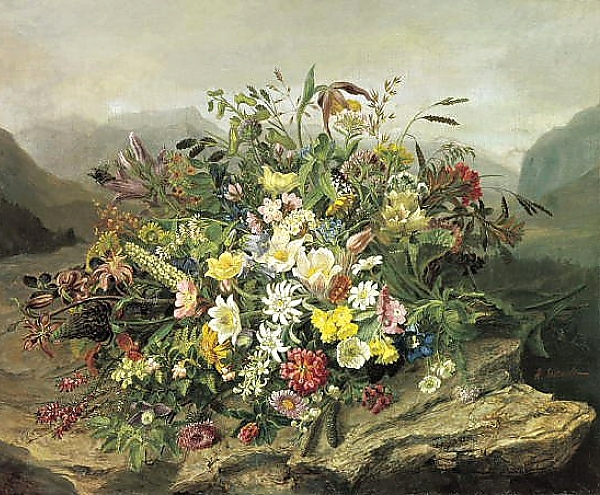 Постер Букет цветов на фоне горного пейзажа с типом исполнения На холсте без рамы
