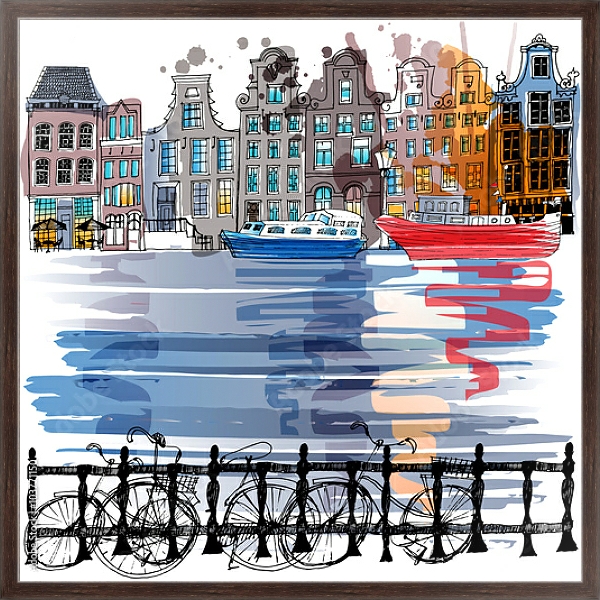 Постер Улица с каналом в Амстердаме с типом исполнения На холсте в раме в багетной раме 221-02