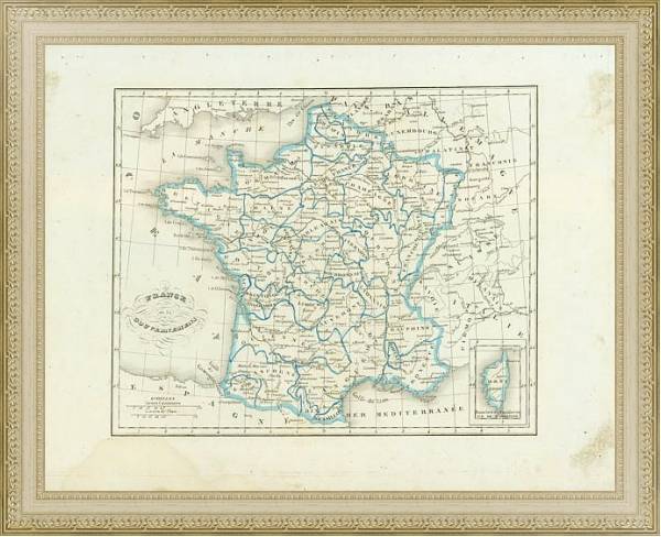 Постер Карта: Карта Франции, разбитая на департаменты с типом исполнения Акварель в раме в багетной раме 484.M48.725