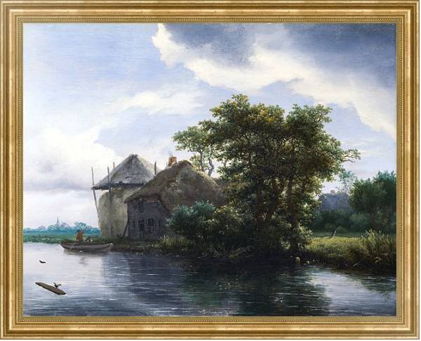 Постер Домик и стог сена у реки с типом исполнения На холсте в раме в багетной раме NA033.1.051