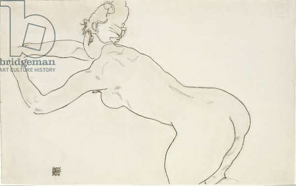 Постер Female nude kneeling and bending forward to the left, 1918 с типом исполнения На холсте без рамы