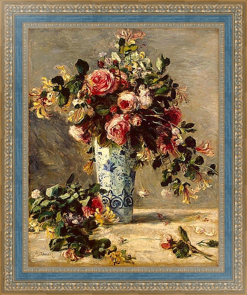 Постер Розы и жасмин в дельфтской вазе с типом исполнения На холсте в раме в багетной раме 484.M48.685