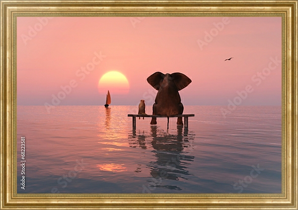 Постер Слон и собака, сидящие посреди моря с типом исполнения На холсте в раме в багетной раме NA033.1.051