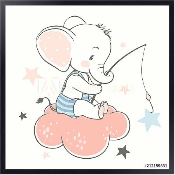 Постер Маленький слоненок рыбачит на облачке с типом исполнения На холсте в раме в багетной раме 221-01