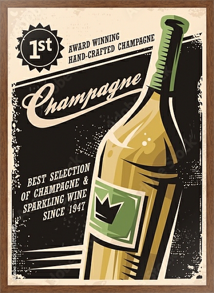 Постер Champagne vintage poster design with bottle and creative typo on dark background с типом исполнения На холсте в раме в багетной раме 1727.4310