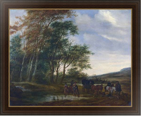 Постер Пейзаж с каретой и всадником у пруда с типом исполнения На холсте в раме в багетной раме 1.023.151