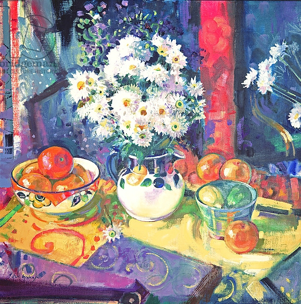 Постер Flowers and Fruit in a Green Bowl, 1997 с типом исполнения На холсте без рамы