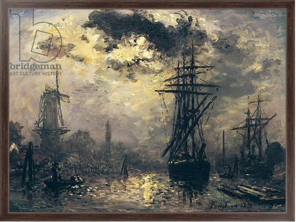 Постер View of the Port, or The Windmills in Rotterdam, 1870 с типом исполнения На холсте в раме в багетной раме 221-02