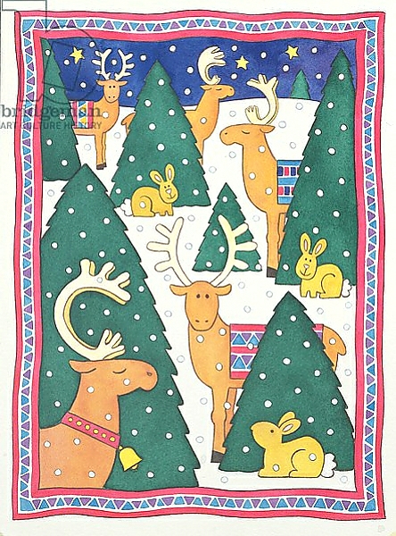 Постер Reindeers around the Christmas Trees с типом исполнения На холсте без рамы
