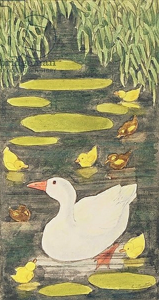 Постер Mother Duck in the pond with her ducklings с типом исполнения На холсте без рамы