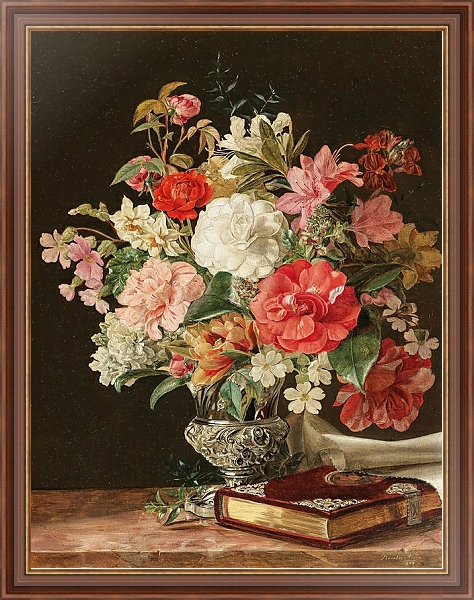 Постер A Bouquet of Flowers with Camellias in a Silver Vase с типом исполнения На холсте в раме в багетной раме 35-M719P-83