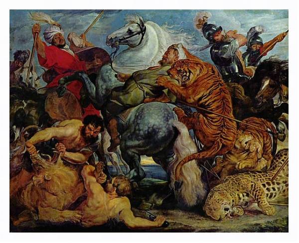 Постер Охота на тигров и львов с типом исполнения На холсте в раме в багетной раме 221-03