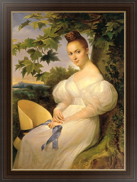 Постер Портрет женщины, сидящей рядом с деревом с типом исполнения На холсте в раме в багетной раме 1.023.151