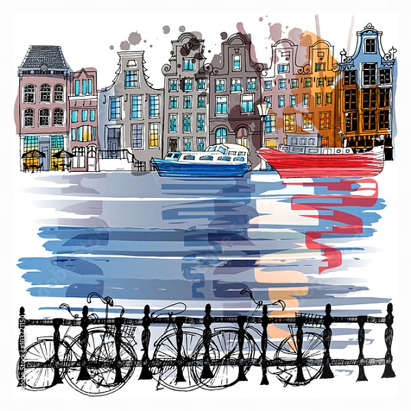 Постер Улица с каналом в Амстердаме с типом исполнения На холсте в раме в багетной раме 221-03