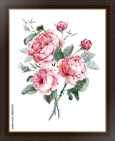 Постер Акварельный букет из розовых роз с типом исполнения На холсте в раме в багетной раме 1.023.151